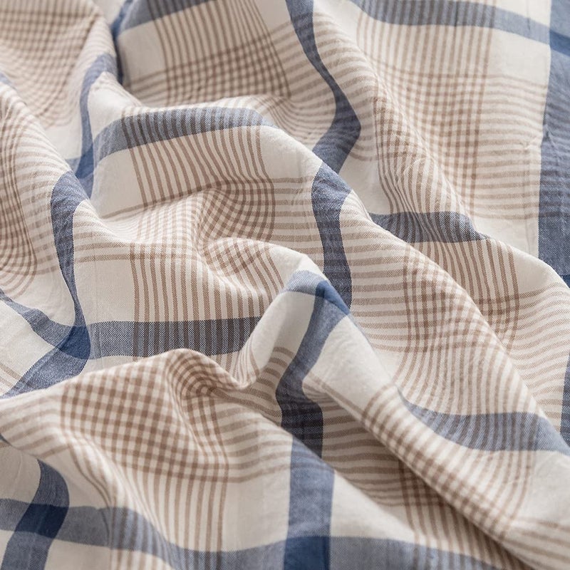 FACE TWO FACE Bedding Duvet Cover Set 3 Pieces 100% Washed Cotton Duvet Cover Linen Like Textured Breathable Durable Soft Comfy(King, Blue Grid) - Image 4